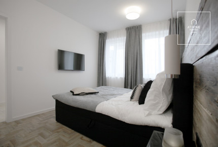 A luxury duplex penthouse apartment is available for rent in the 6th district of Budapest, Terézváros.