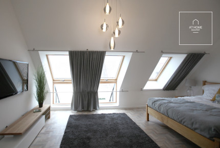 A luxury duplex penthouse apartment is available for rent in the 6th district of Budapest, Terézváros.