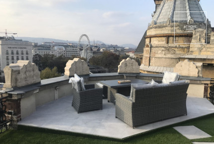 2 bedroom newly renovated and furnished, luxury apartment for rent in the 7th district of Budapest with a big 74sqm corner terrace and fantastic city view.