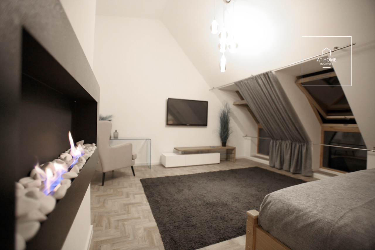 A luxury duplex penthouse apartment is available for rent in the 6th district of Budapest, Terézváros.