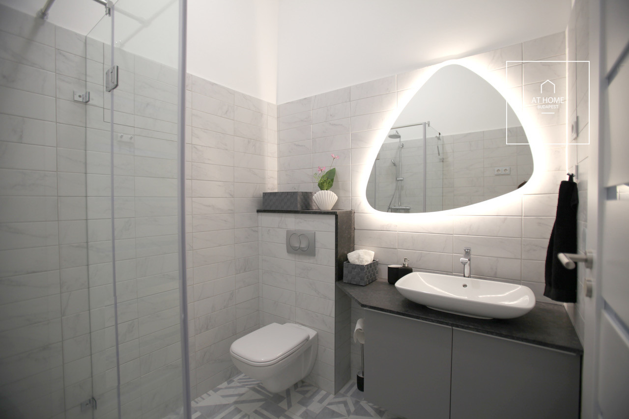 A luxury duplex penthouse apartment is available for rent in the 6th district of Budapest, Terézváros.